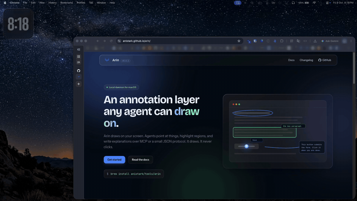 Arin drawing on the whole screen: circling a word on its own website, underlining a line, pointing at the install command, then leaving the browser to circle a desktop widget and point at the menu bar
